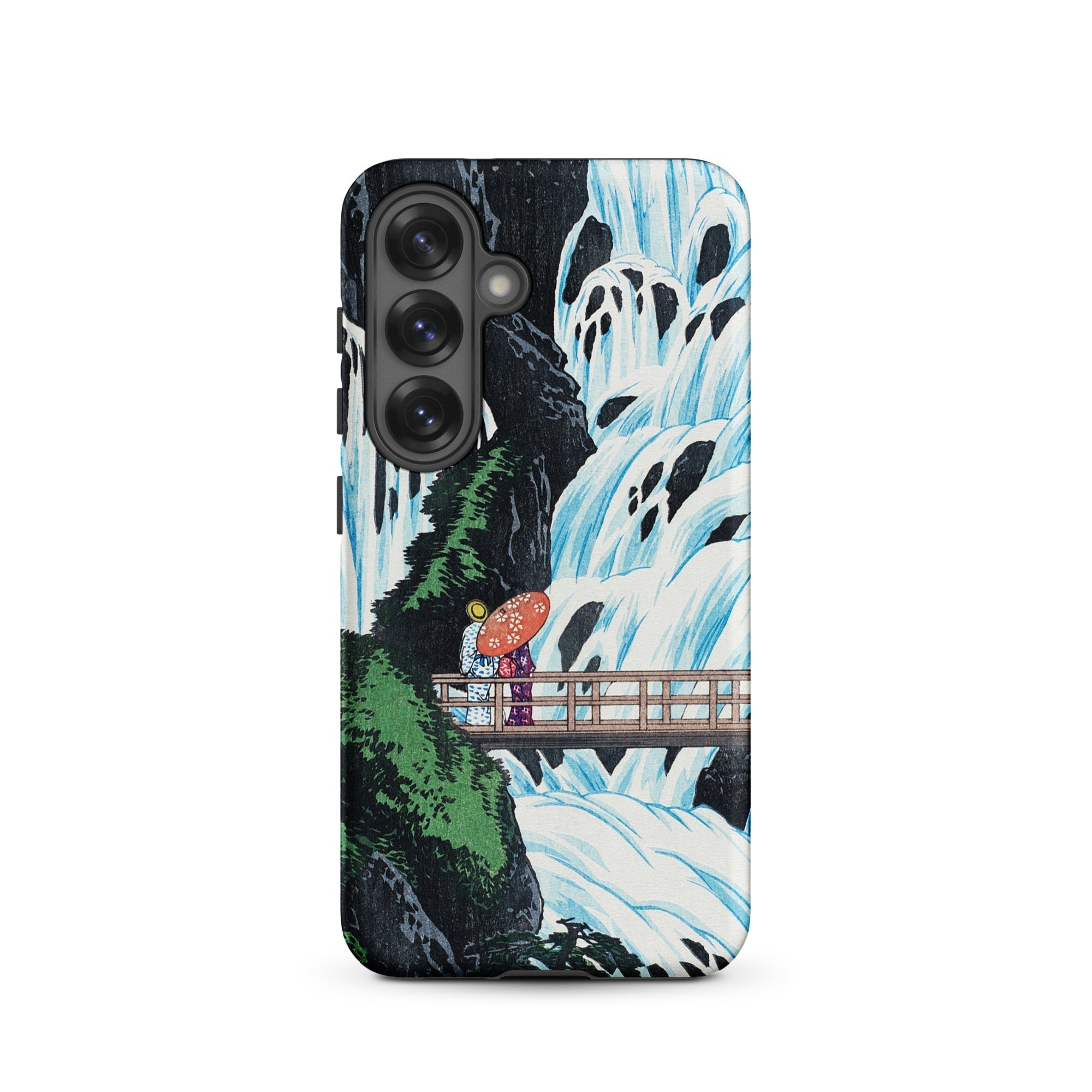 Shiragumo Waterfall Hiroaki Takahashi Samsung Case, Smartphone Case Japanese Woodblock Print Style Illustration Waterfall Bridge