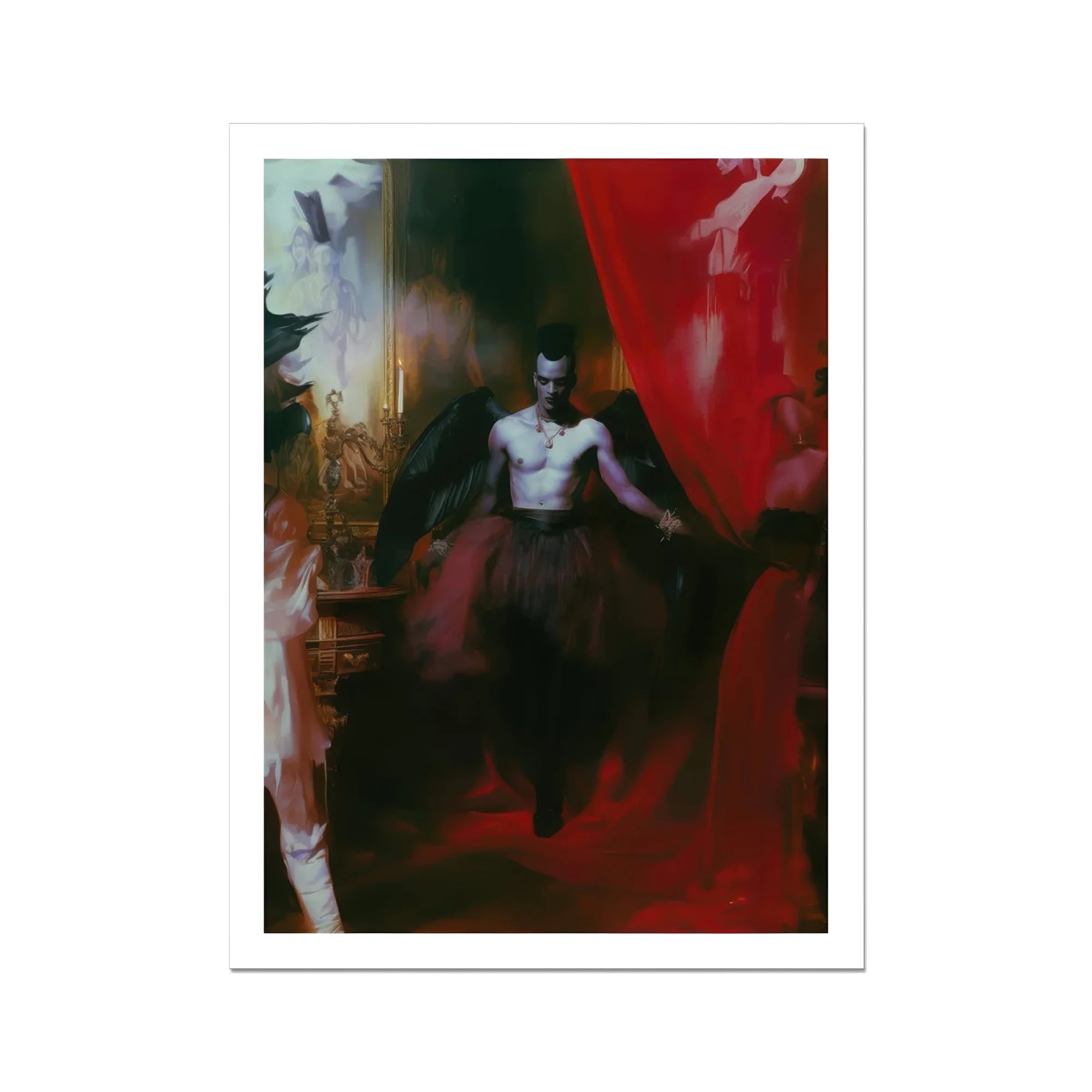 Marius - Gay African American Vampire Art Print, Shirtless Figure Seated Amid Swirls Red Dark Colors