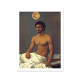 Gold Star - Gay Indian Neoclassical Art Print, Shirtless Man Dark Hair Bed Partially Covered White