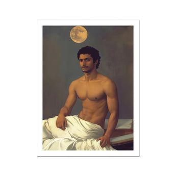 Gold Star - Gay Indian Neoclassical Art Print, Shirtless Man Dark Hair Bed Partially Covered White