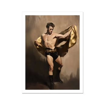 Prancer - Gay Circus Performer Art Print, Shirtless Muscular Man Black Boots Dramatically Gold Fabric