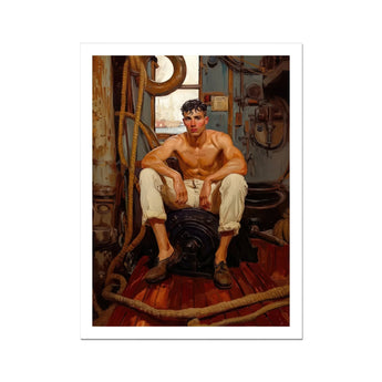 Cruising - Gay Navy Sea Queen Art Print, Shirtless Muscular Man Barrel Ship’s Interior