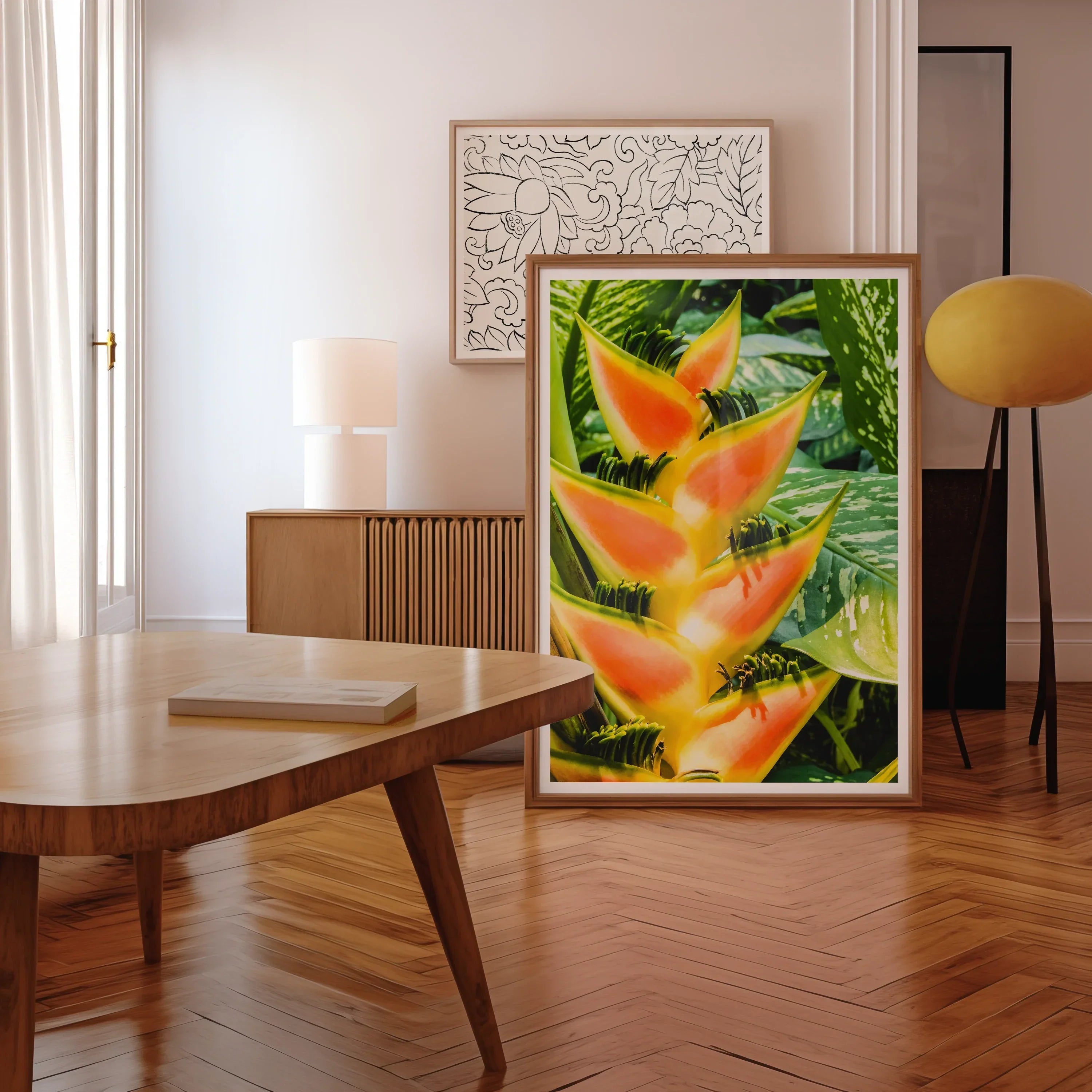 Showstopper Heliconia Lobster Claw Art Print, Framed Photograph Vibrant Orange Heliconia Flowers Green Foliage
