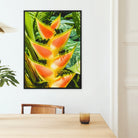 Showstopper - Heliconia Lobster Claw Framed Canvas, Framed Photograph Vibrant Orange Yellow Heliconia Flowers Green