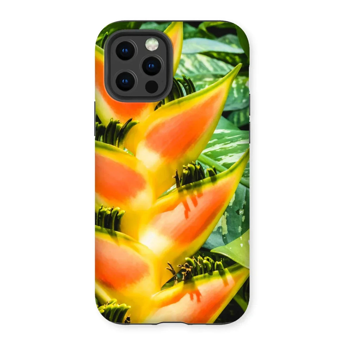 Showstopper - Heliconia Lobster Claw Iphone Case, 12 Pro / Matte, Vibrant Orange Yellow Heliconia Flower Green Leaves