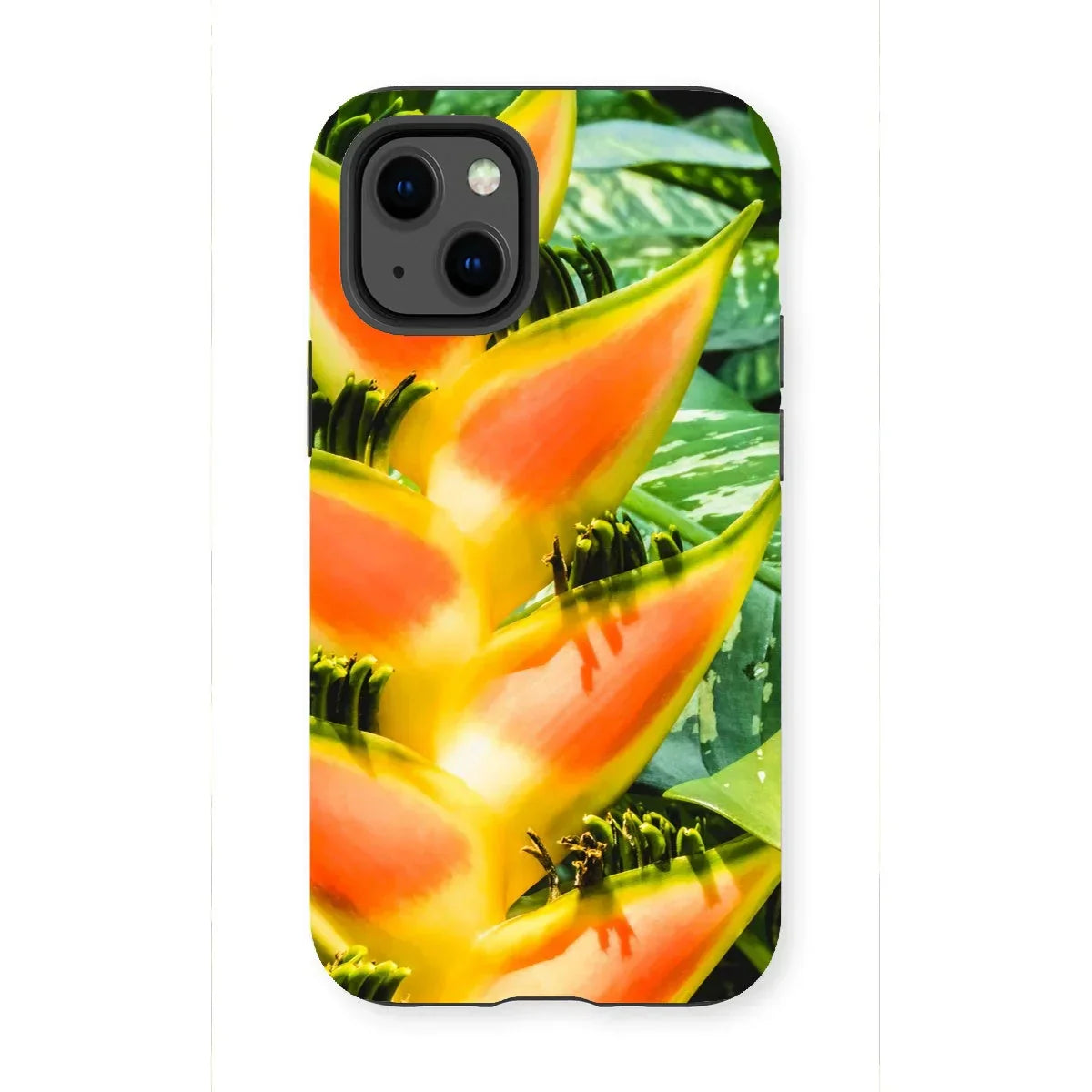 Showstopper - Heliconia Lobster Claw Iphone Case, 13 Mini / Matte, Vibrant Orange Yellow Heliconia Flower Green Leaves