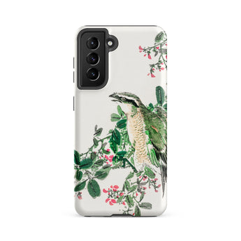 Shrike and Clover - Numata Kashu Meiji Samsung Case, Galaxy S21 Fe / Matte, White Smartphone Case Colorful Bird Floral Design