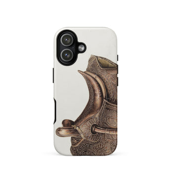 Side Saddle - Bertha Semple Horse Tack Art Phone Case Iphone 17 / Matte Brown Leather Horse Saddle Phone Case Intricate Floral Bertha
