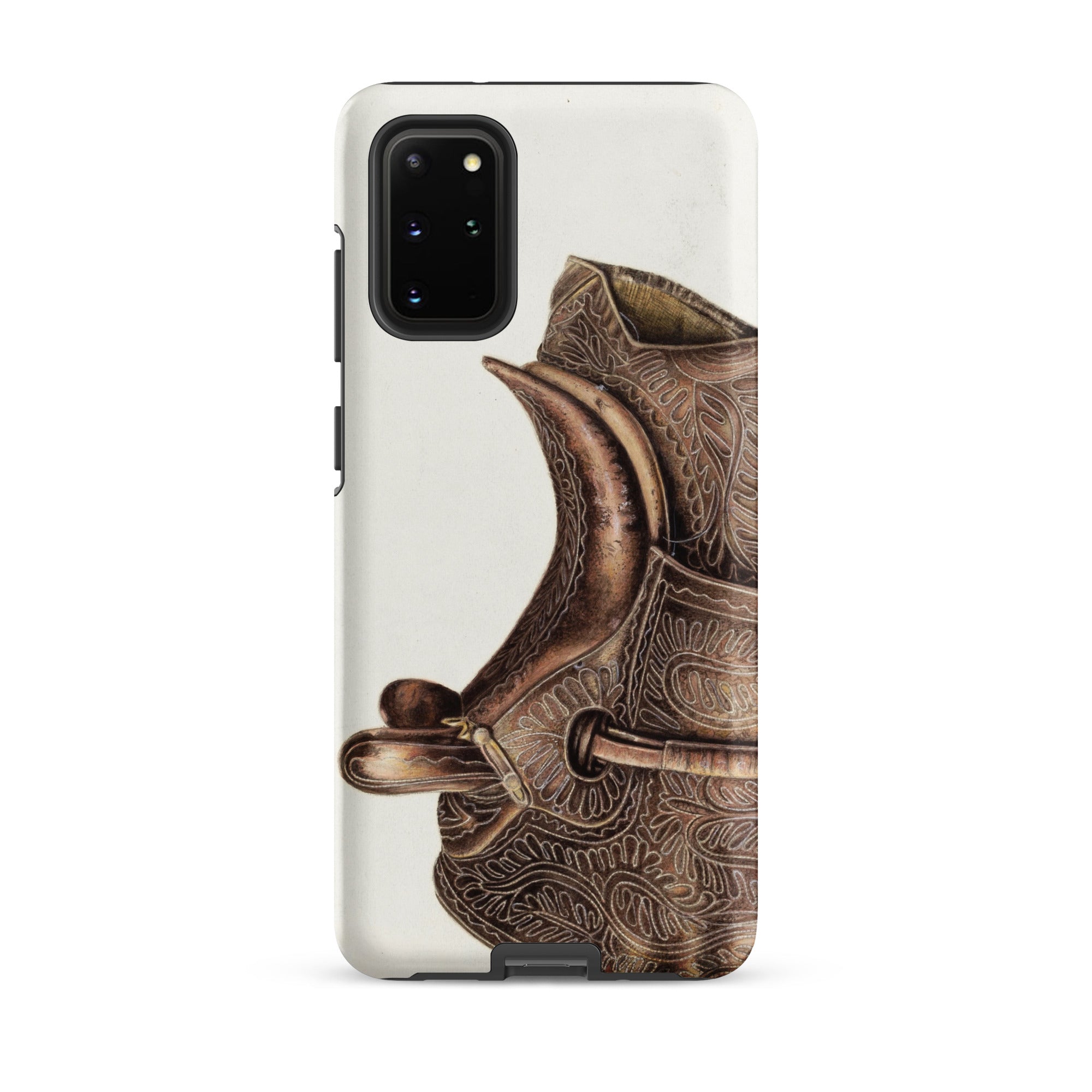 Side Saddle Bertha Semple Horse Tack Art Samsung Case, Galaxy S20 Plus / Matte, White Smartphone Case Dark Brown Intricately Patterned
