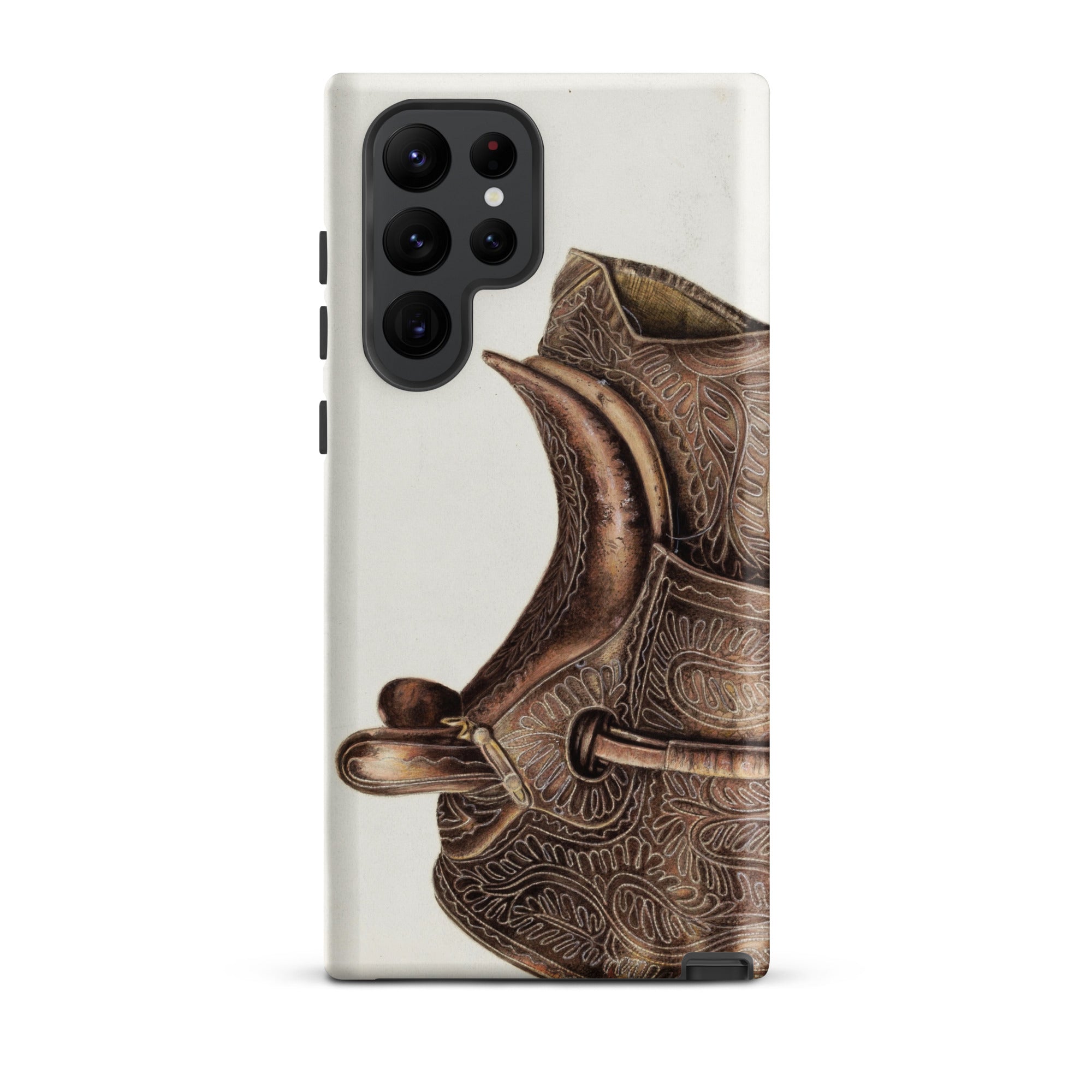 Side Saddle Bertha Semple Horse Tack Art Samsung Case, Galaxy S22 Ultra / Matte, White Phone Case Brown Intricately Patterned Design Saddle