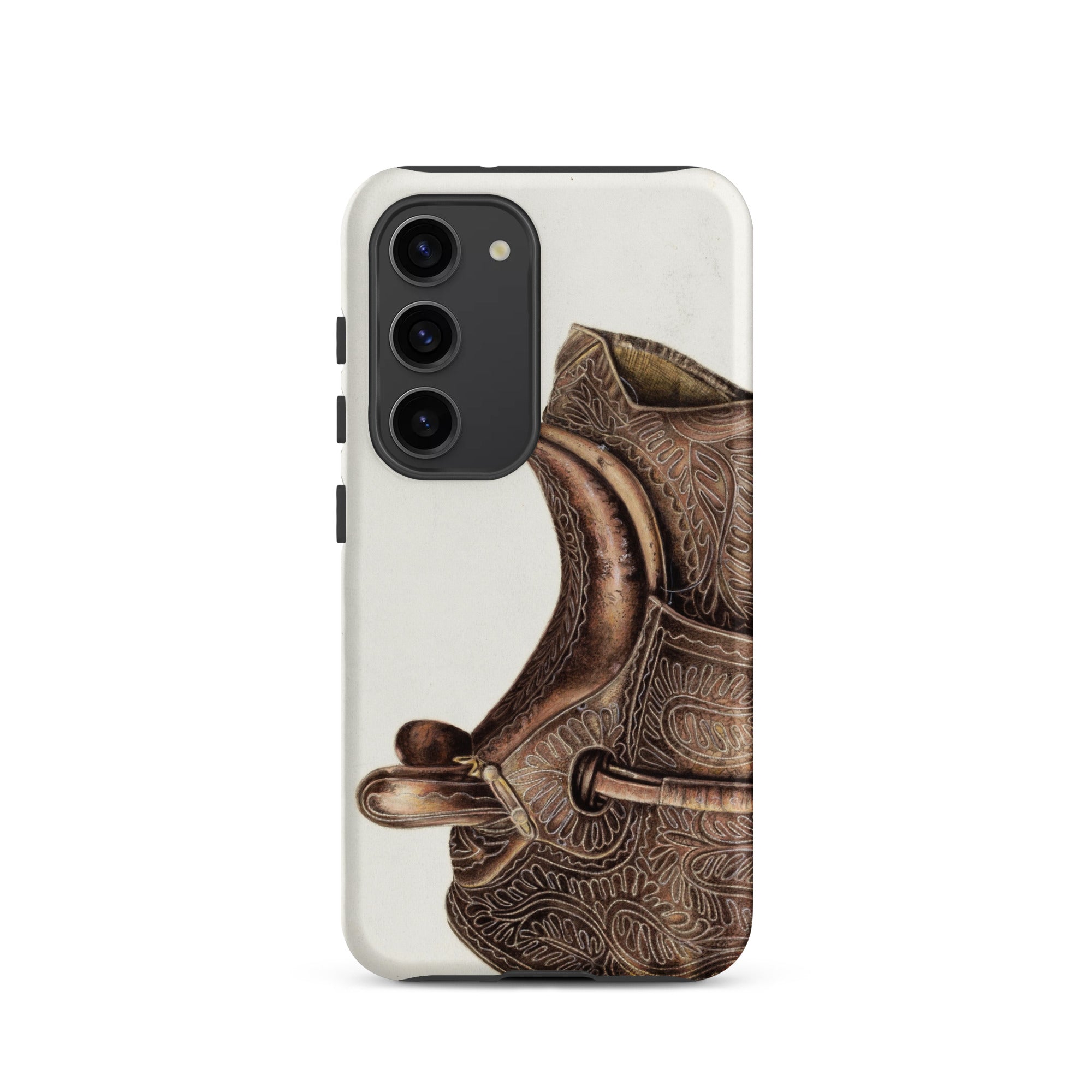 Side Saddle Bertha Semple Horse Tack Art Samsung Case, Galaxy S23 / Matte, White Phone Case Detailed Ornate Saddle Design