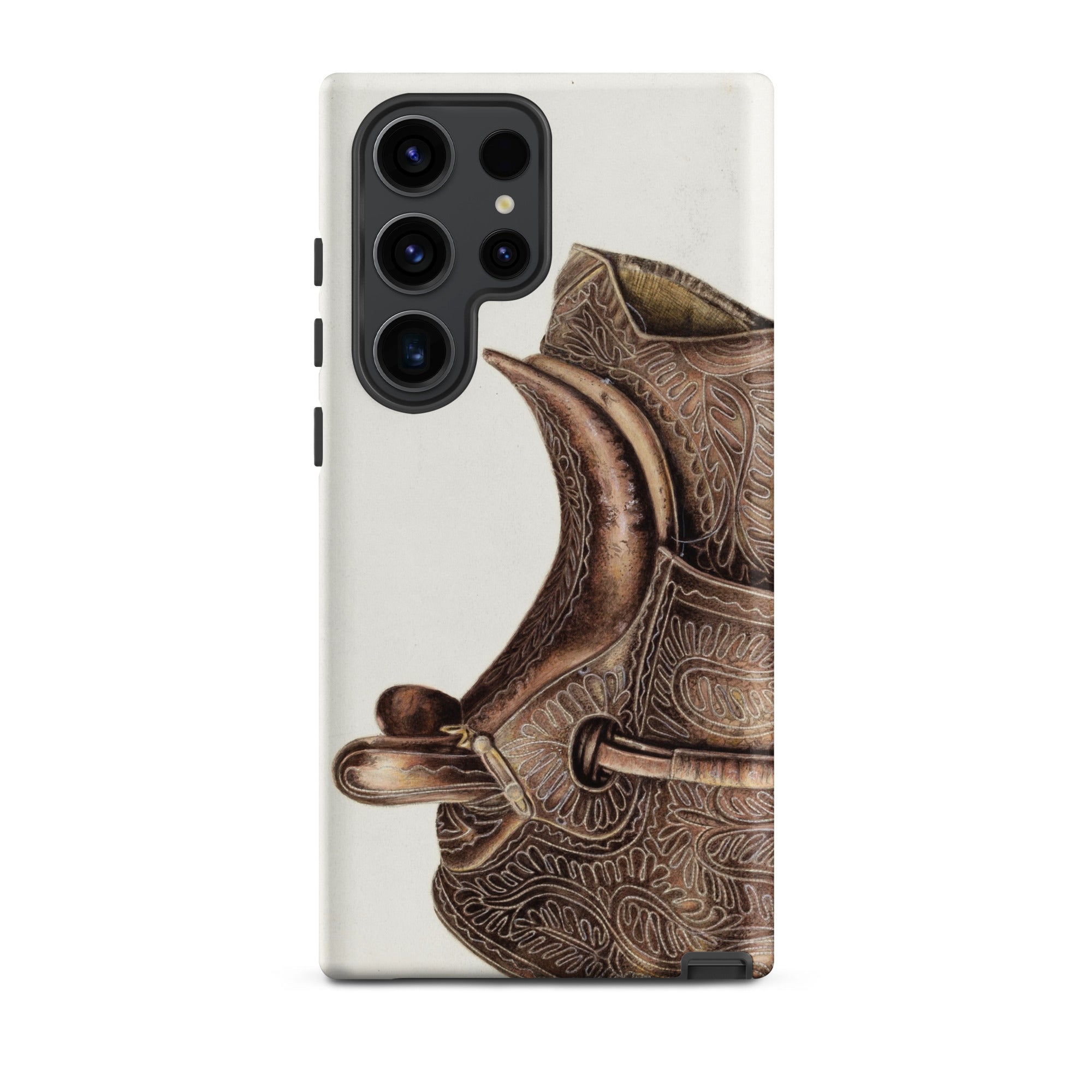 Side Saddle Bertha Semple Horse Tack Art Samsung Case, Galaxy S23 Ultra / Matte, White Phone Case Detailed Brown Saddle Design