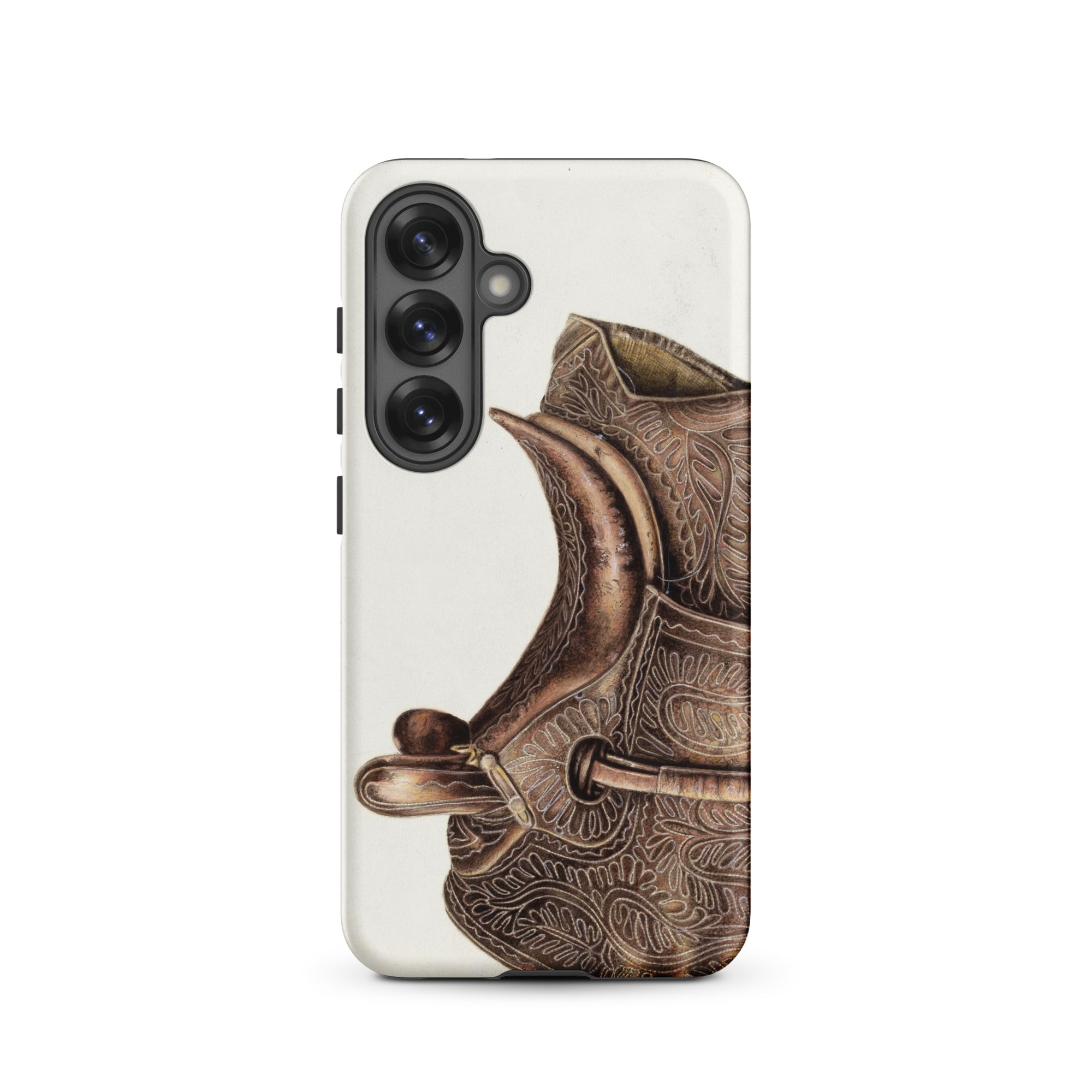 Side Saddle Bertha Semple Horse Tack Art Samsung Case, Galaxy S25 / Matte, White Smartphone Case Design Ornate Bronze Colored Saddle