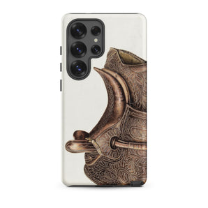 Side Saddle - Bertha Semple Horse Tack Art Samsung Case, Galaxy S25 Ultra / Matte, White Smartphone Case Dark Brown Intricately Patterned