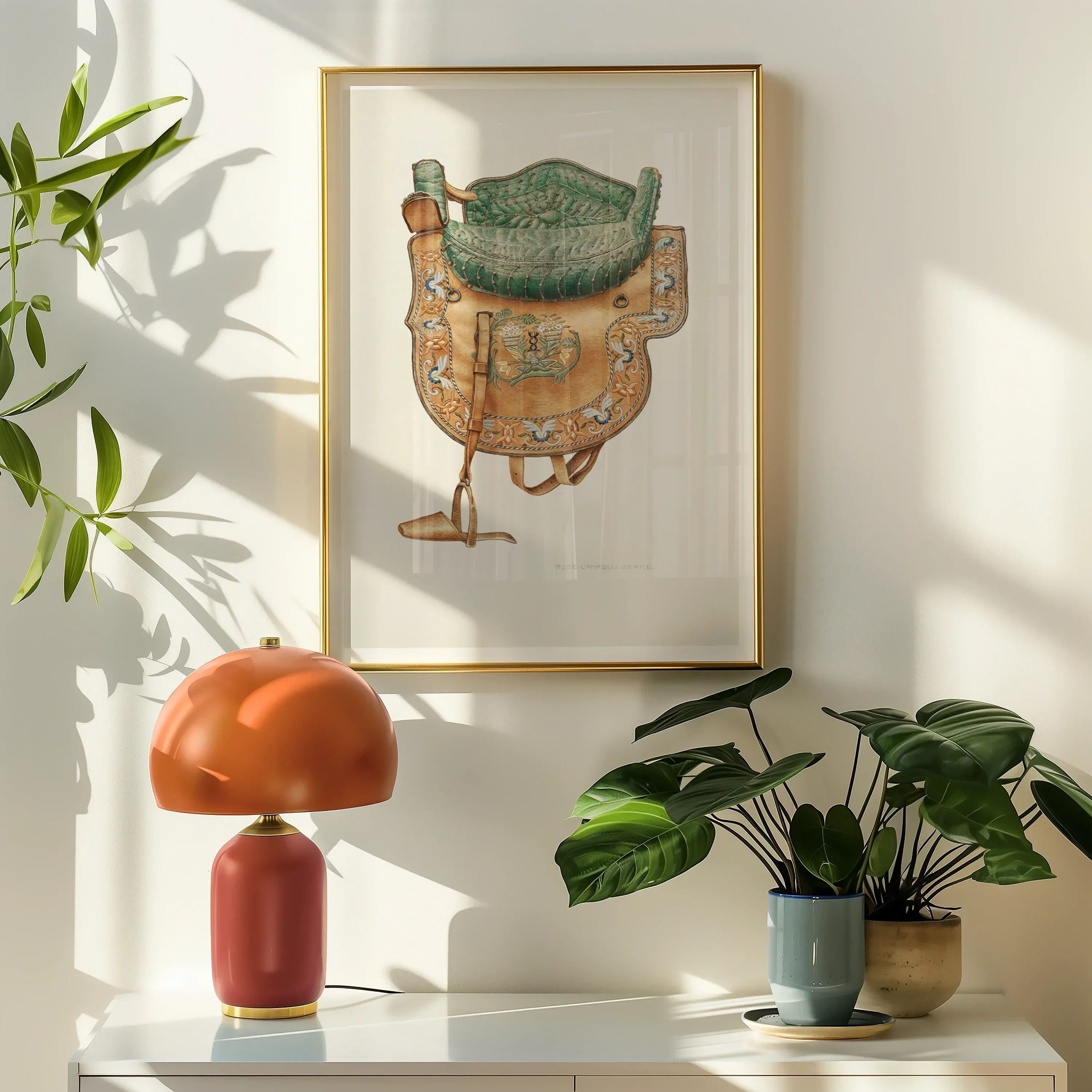 Side Saddle Rose Campbell–gerke Equestrian Art Print, Framed Artwork Ancient Green Vessel Container Atop Leather