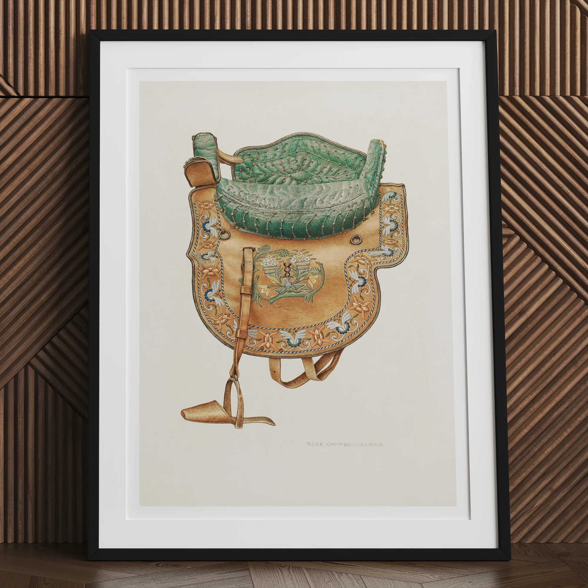 Side Saddle - Rose Campbell–gerke Equestrian Art Print, Framed Artwork Ornate Green Gold Backpack Rucksack
