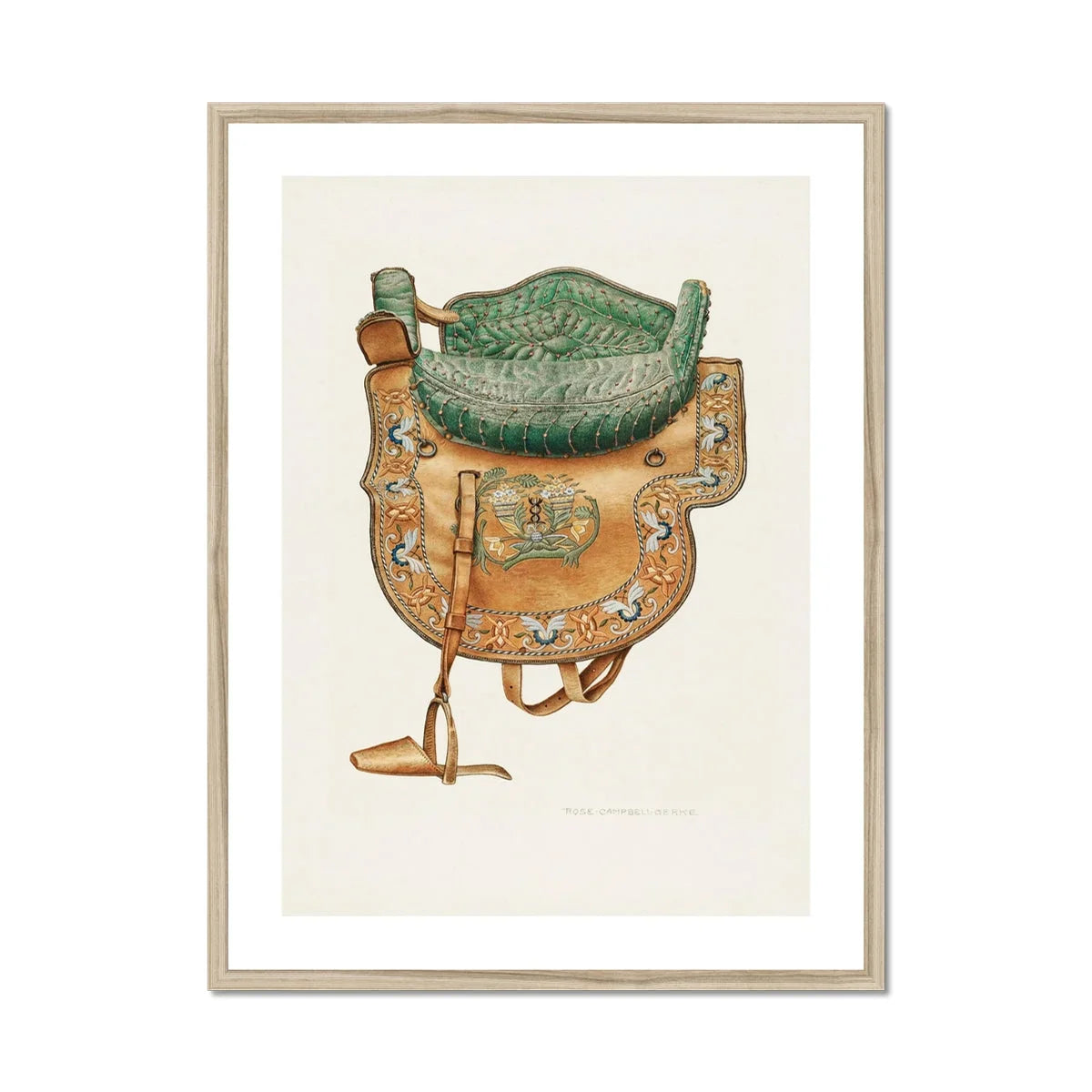 Side Saddle Rose Campbell–gerke Equestrian Art Print, Ornate Leather Metal Saddle Decorative Embellishments Green Cushioned