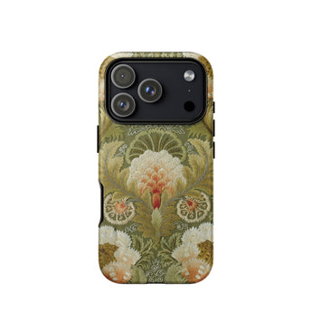 Silk Embroidery with Flowers and Leaves Phone Case Iphone 17 Pro / Matte Green Floral Phone Case Vintage Design Textured Surface Silk