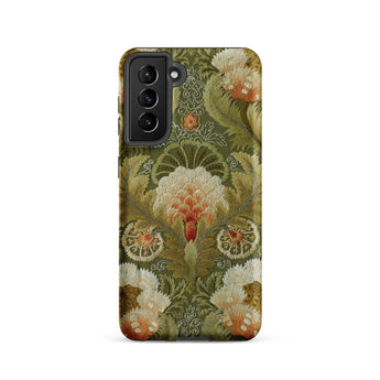 Silk Embroidery with Flowers and Leaves Samsung Case, Galaxy S21 / Matte, Smartphone Case Intricate Floral Leafy Pattern Shades Green