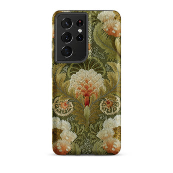 Silk Embroidery with Flowers and Leaves Samsung Case, Galaxy S21 Ultra / Matte, Phone Case Intricate Floral Leafy Pattern Shades Green