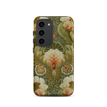 Silk Embroidery with Flowers and Leaves Samsung Case, Galaxy S23 / Matte, Smartphone Case Green White Orange Floral Leaf Pattern