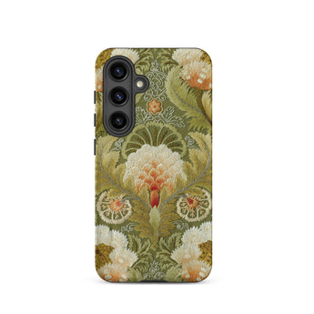 Silk Embroidery with Flowers and Leaves Samsung Case, Galaxy S24 / Matte, Smartphone Case Intricate Floral Leafy Pattern Shades Green