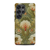 Silk Embroidery with Flowers and Leaves Samsung Case, Galaxy S25 Ultra / Matte, Smartphone Case Intricate Floral Leaf Pattern Shades Green