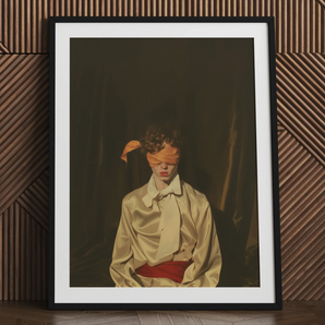 Framed silk neo-baroque art print of a person with a blindfold.