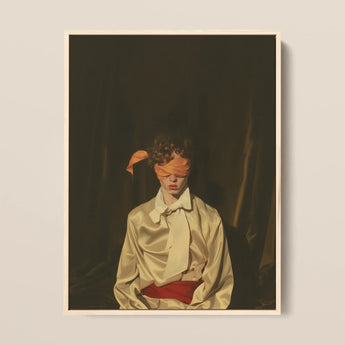 Silk - Neo-baroque Gay Mens Wear Framed Canvas, 12x16’’ / 31x41cm / Natural Floating Frame, Blindfolded Person Silk Blouse Red Sash