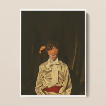Silk - Neo-baroque Gay Mens Wear Framed Canvas, 12x16’’ / 31x41cm / White Floating Frame, Person Orange Blindfold Gold Satin Shirt Red Sash