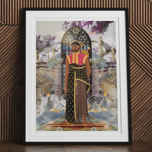 Silk Rodeo - Cultural Fusion Collage Art Print, Framed Artwork Regal Figure Colorful Traditional Attire Ornate