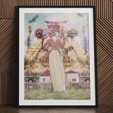 Silk Rodeo Drive surreal collage art print with woman and buildings.