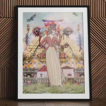 Silk Rodeo Drive surreal collage art print with woman and buildings.