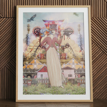 Surreal collage art print, silk Rodeo Drive scene, framed.