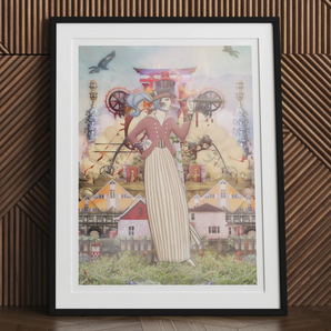 Silk Rodeo Drive - Surreal Occidental Collage Art Print, Framed Artwork Surreal Female Figure Multiple Arms Objects