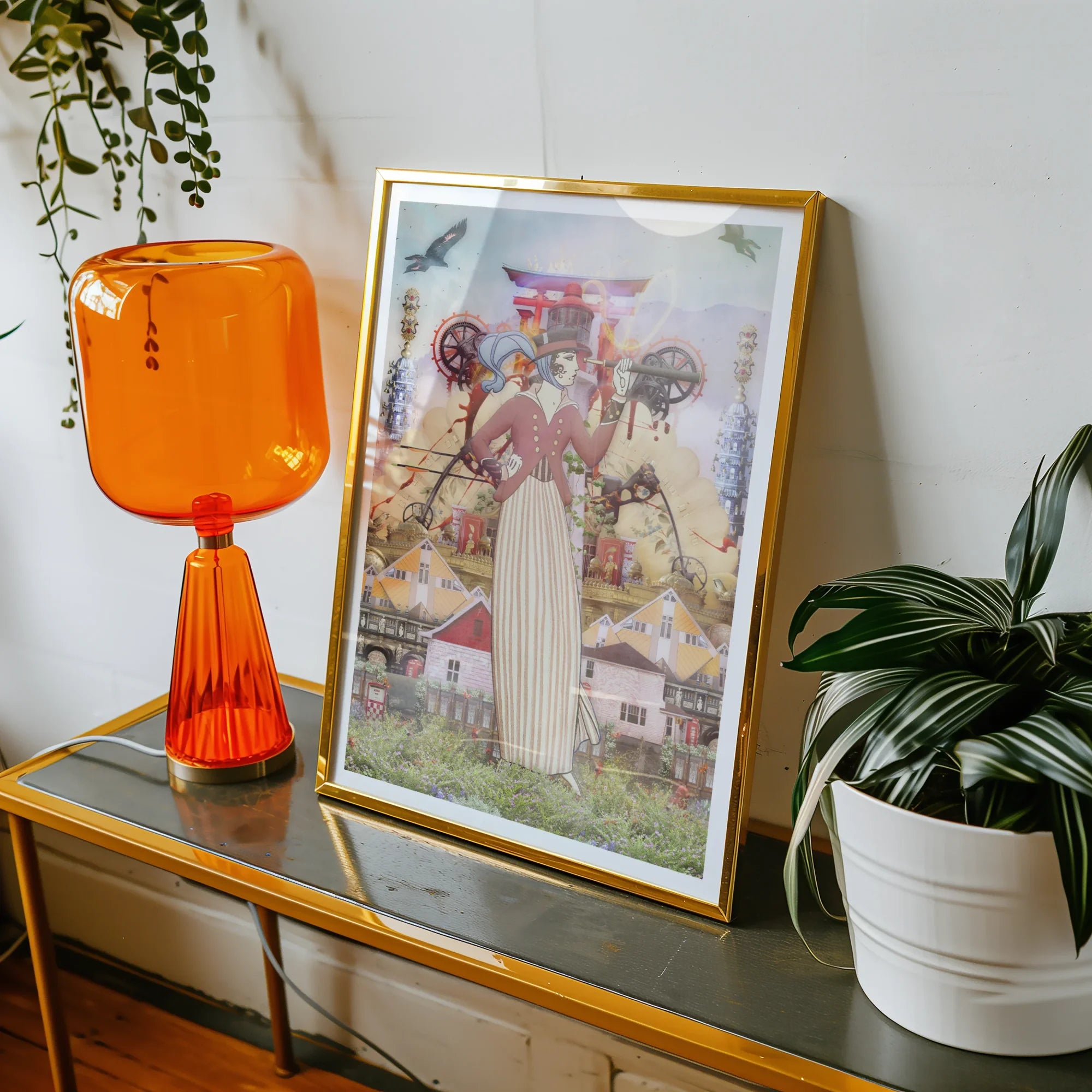 Silk Rodeo Drive - Surreal Occidental Collage Art Print, Framed Surrealist Artwork Central Figure Surrounded Fantastical Elements