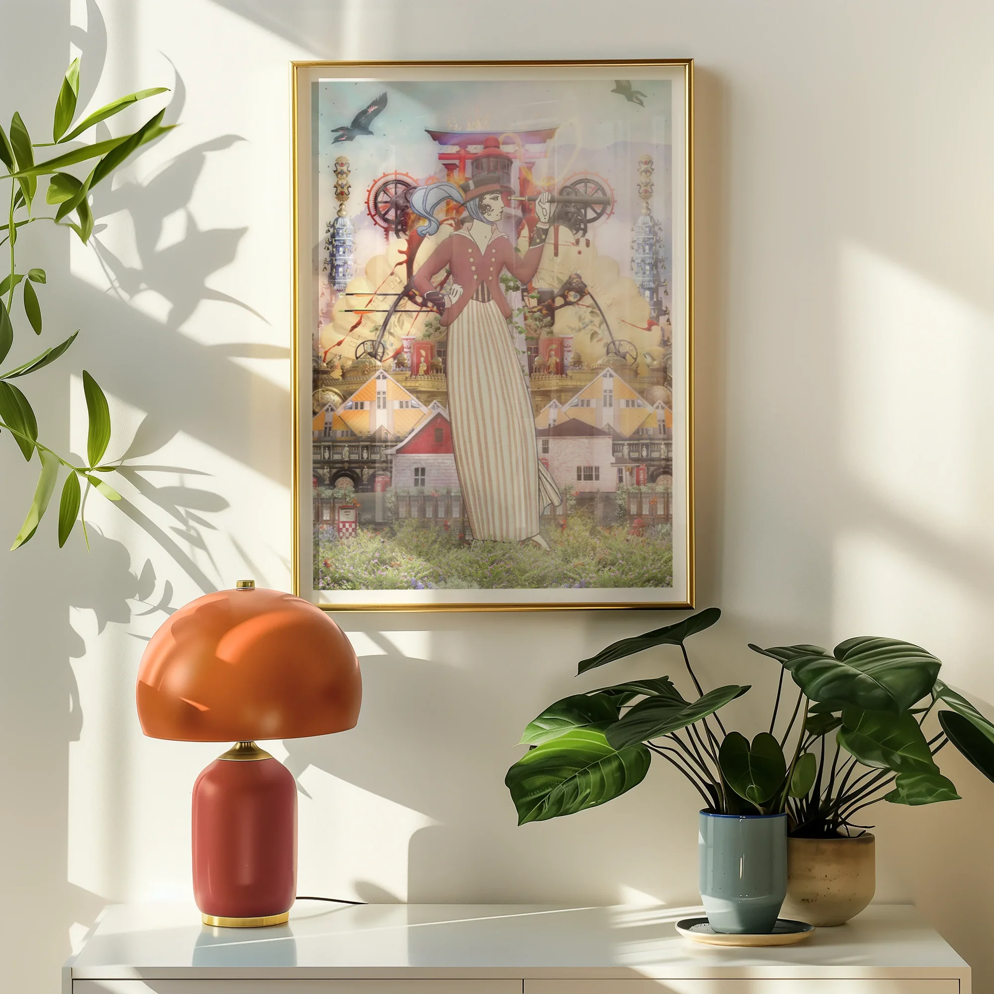 Silk Rodeo Drive - Surreal Occidental Collage Art Print, Framed Surrealist Artwork Tall Figure White Dress Surrounded
