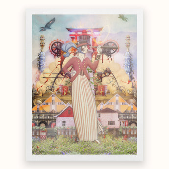 Silk Rodeo Drive - Surreal Occidental Collage Art Print, Surreal Illustration Woman Victorian-style Dress Mechanical Architectural Elements