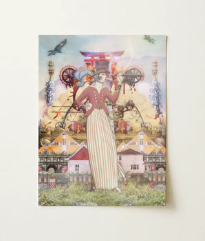 Rectangular Illustrated Art Print Stylized Woman Maroon Jacket Silk Rodeo Drive, Colonial Paradox Unfolds, Surreal Occidental Collage