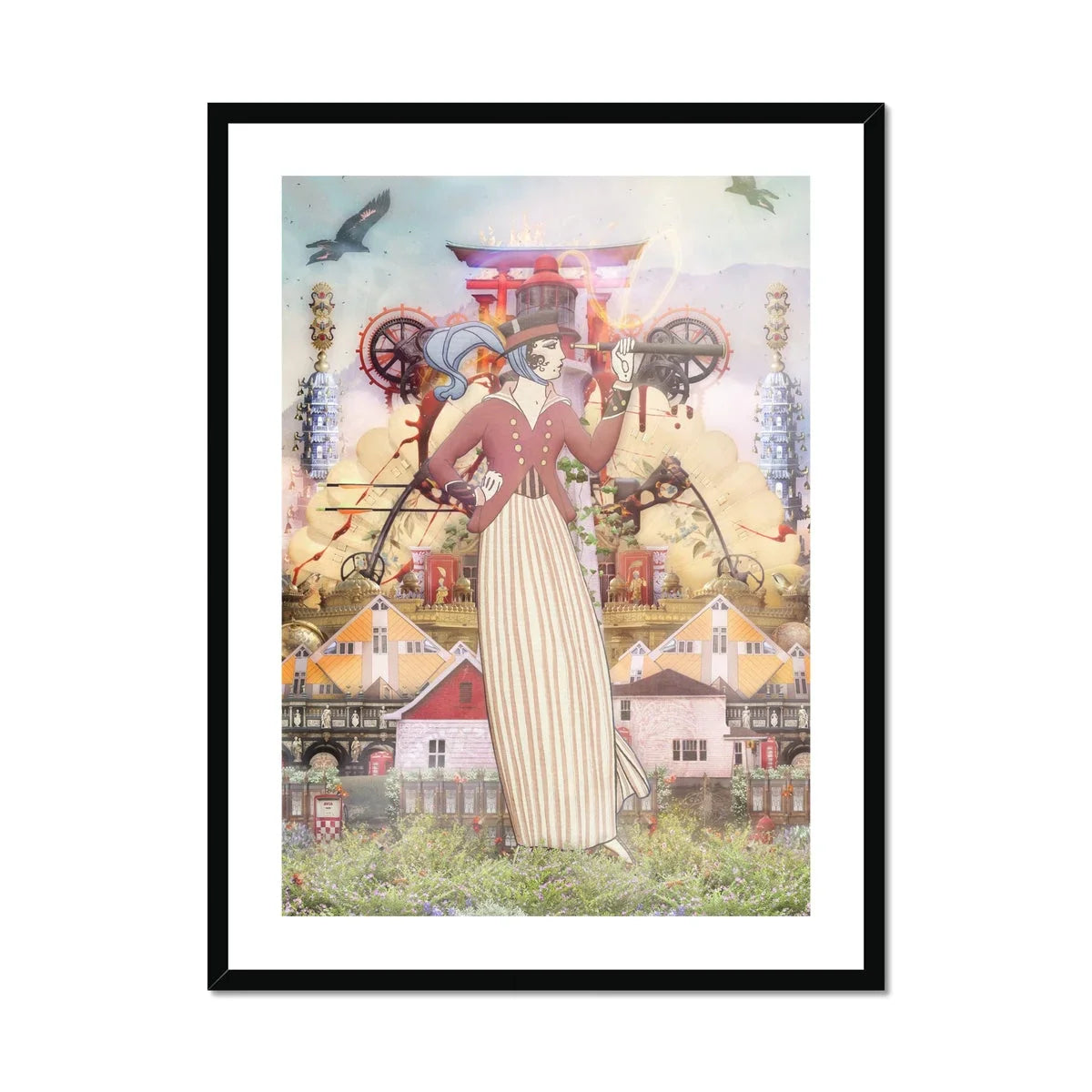 Silk Rodeo Drive Surreal Occidental Collage Art Print, Steampunk Styled Figure Long Victorian Dress Stands Beneath Japanese