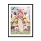 Silk Rodeo Drive Surreal Occidental Collage Art Print, Steampunk Styled Figure Long Victorian Dress Stands Beneath Japanese