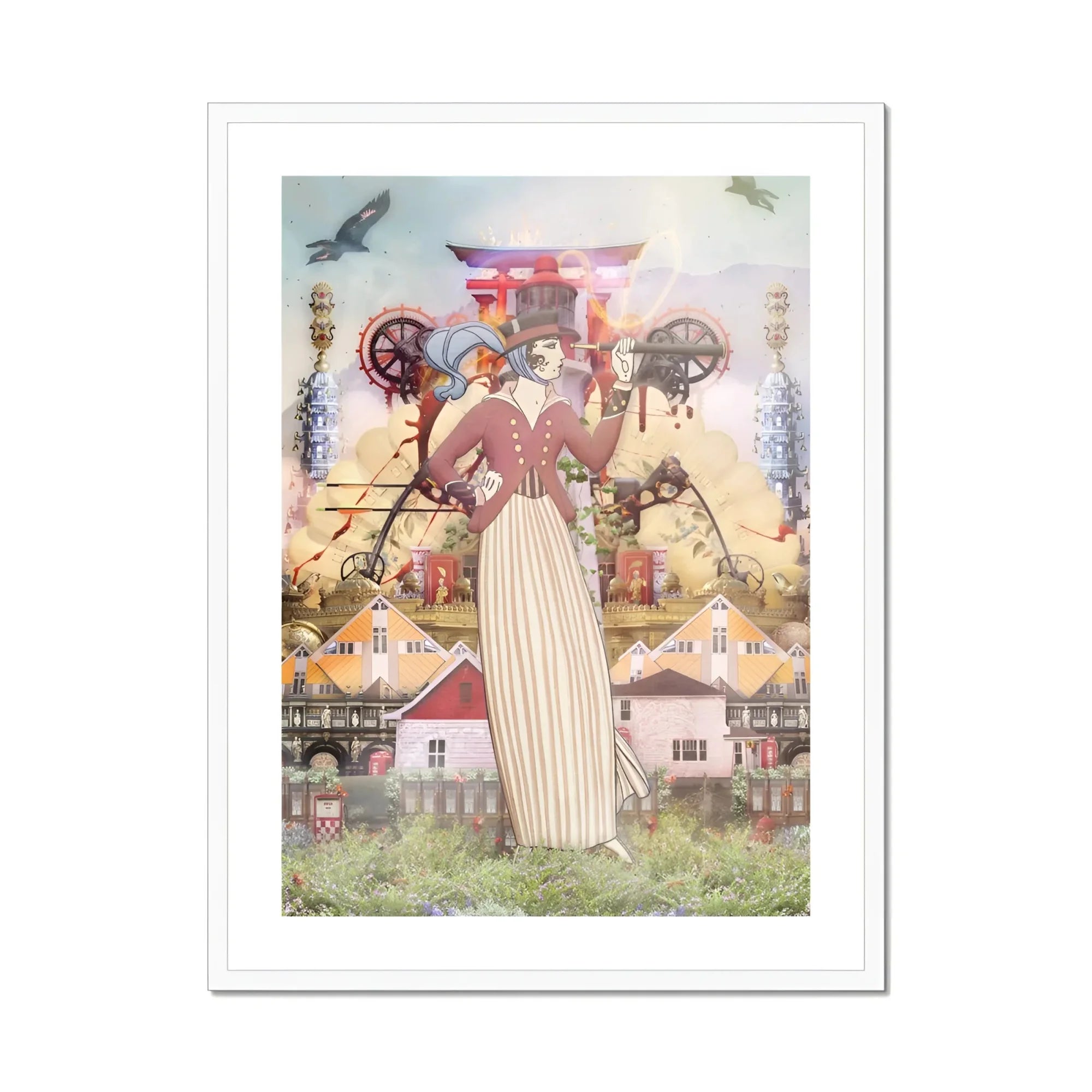 Silk Rodeo Drive - Surreal Occidental Collage Art Print, Steampunk-styled Figure Victorian Dress Mechanical Wings Gears