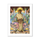 Silk Rodeo Romeo - Surreal Orientalist Collage Art Print, Figure Light-colored Robe Brown Belt Stands Sun-like Halo