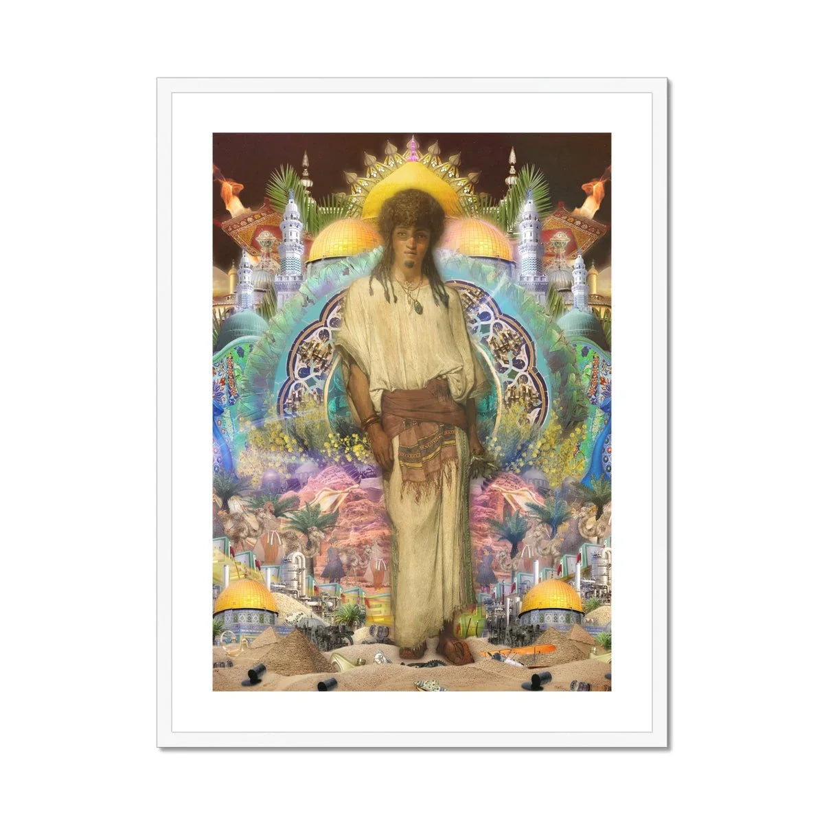 Silk Rodeo Romeo Surreal Orientalist Collage Art Print, Figure Light Colored Robe Brown Belt Stands Sun Like Halo