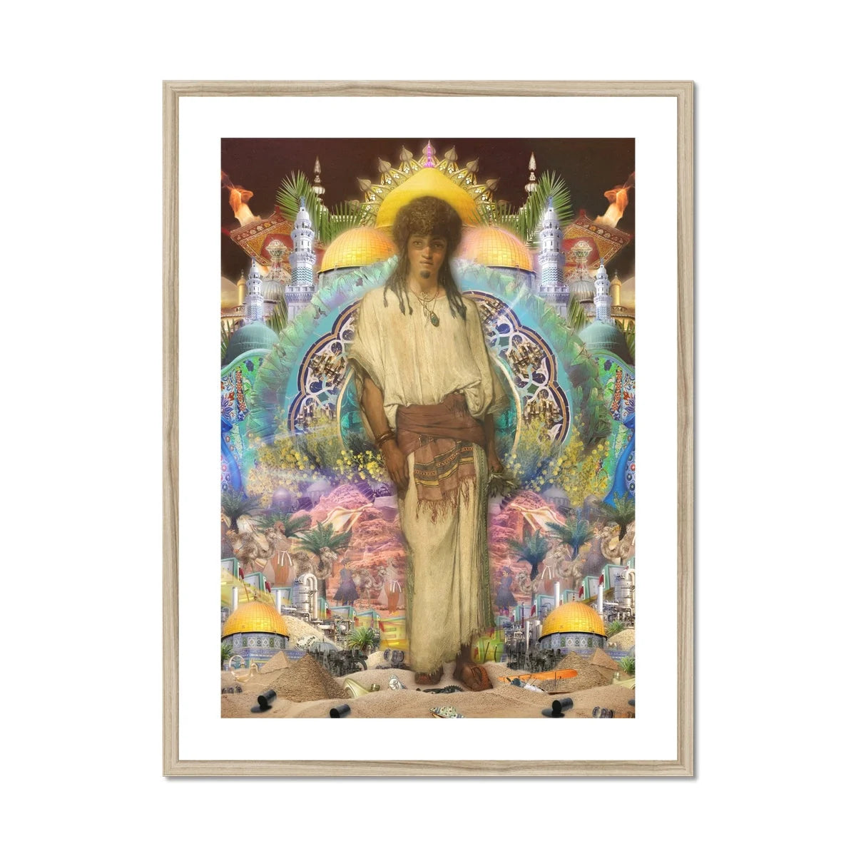 Silk Rodeo Romeo - Surreal Orientalist Collage Art Print, Figure Light-colored Shirt Brown Pants Stands Sun-like Halo