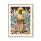 Silk Rodeo Romeo - Surreal Orientalist Collage Art Print, Figure Light-colored Shirt Brown Pants Stands Sun-like Halo