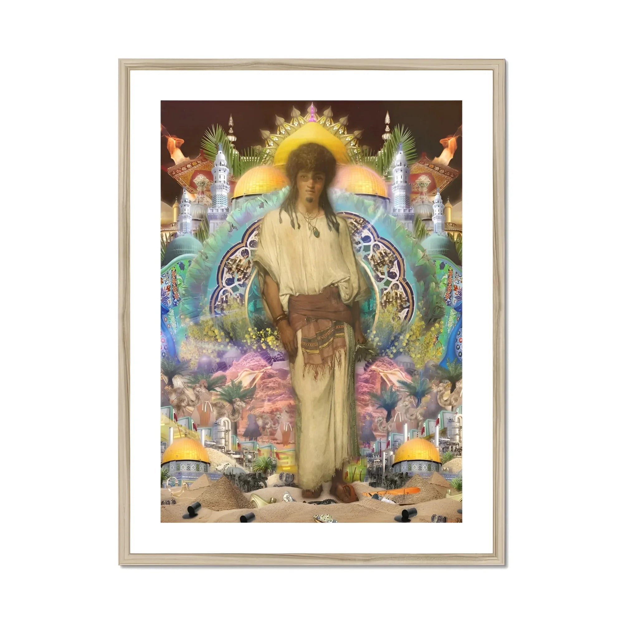 Silk Rodeo Romeo - Surreal Orientalist Collage Art Print, Figure Light-colored Shirt Brown Pants Stands Sun-like Halo