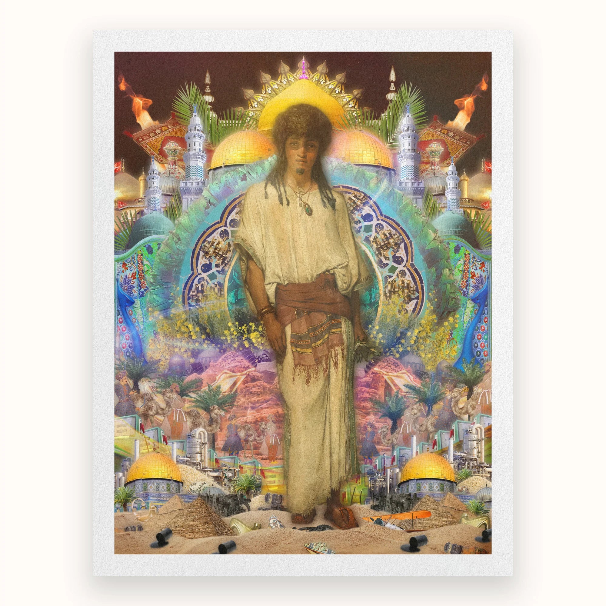 Silk Rodeo Romeo - Surreal Orientalist Collage Art Print, Figure Traditional Middle Eastern Attire Colorful Ornate Backdrop