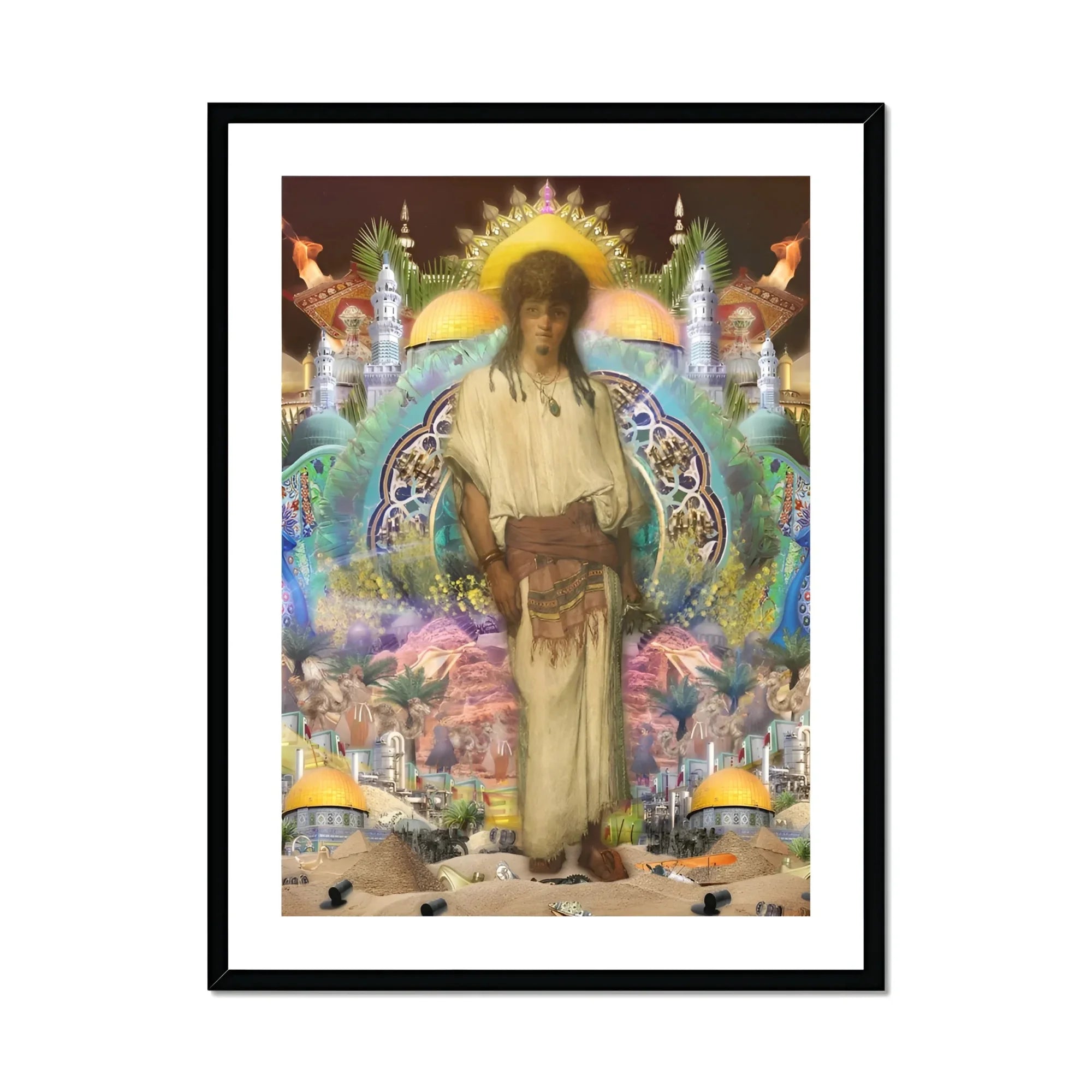 Silk Rodeo Romeo - Surreal Orientalist Collage Art Print, Figure White Robe Brown Sash Stands Sun-like Halo