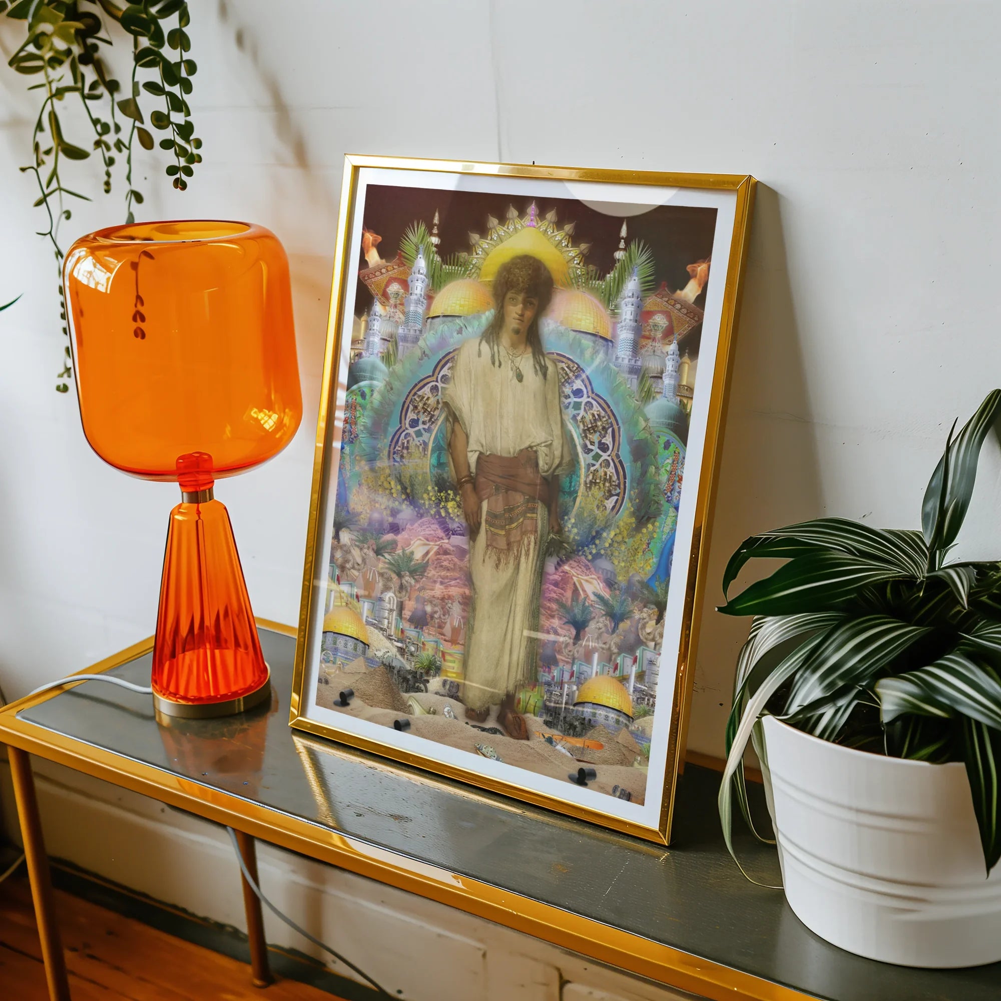 Silk Rodeo Romeo - Surreal Orientalist Collage Art Print, Framed Artwork Figure Halo Surrounded Colorful Ethereal Imagery
